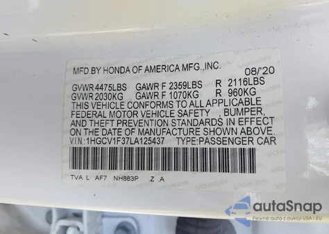 2020 Honda Accord Sport z USA, uszkodzony, nr VIN 1HGCV1F37LA125437